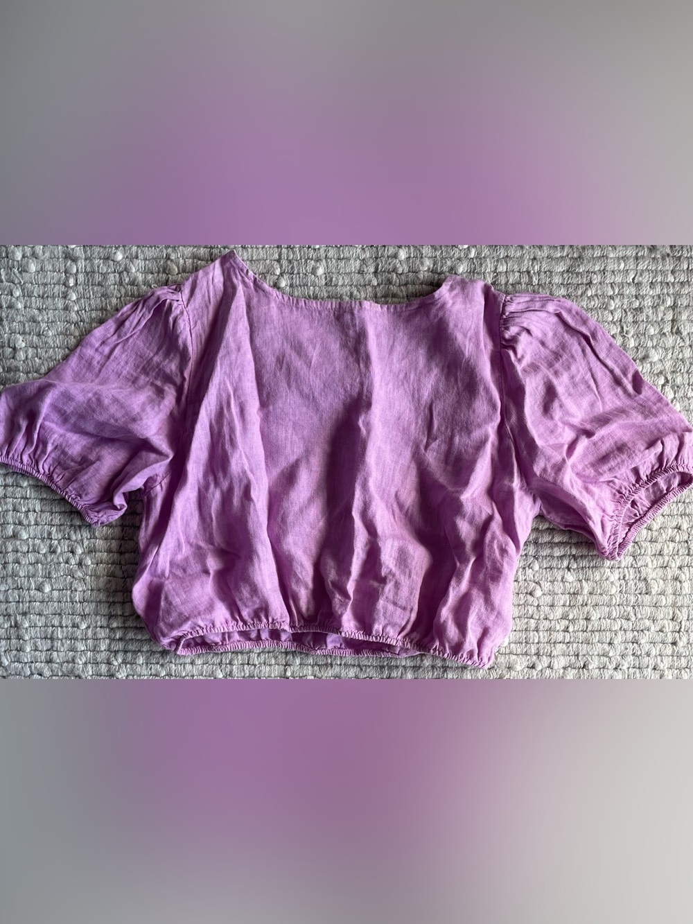 Lilac Puff-Sleeve Cropped Linen Top
